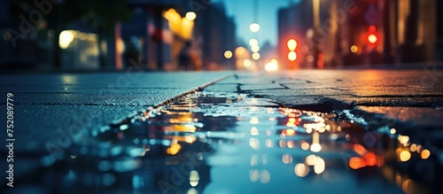 Urban Reflections: Puddle on City Sidewalk Illuminated by Night Lights