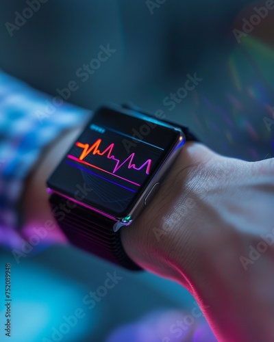 Heart rhythm stabilizing wearable on a wrist syncing with a health app showing real time ECG and alerts photo