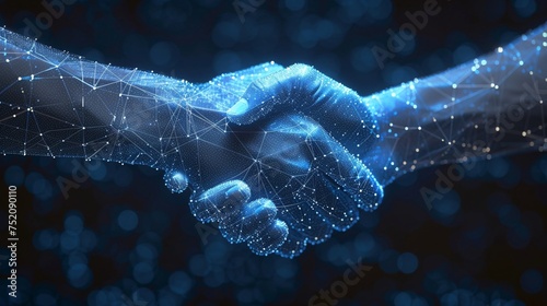Abstract blue technology background with two hands in lines connected by dots and triangles, representing a digital handshake and symbolizing business partnership. photo