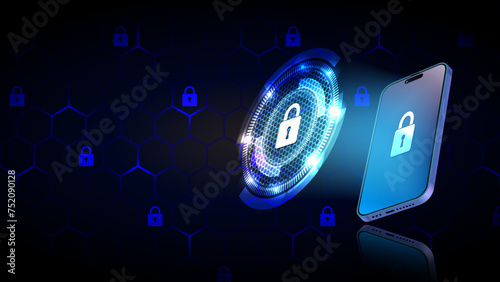 Mobile and smartphone security in a modern concept. Smart phone app provides protection for smartphones against hacker and thief attacks. IoT, VPN, and Internet of Things technology ensures automatic 