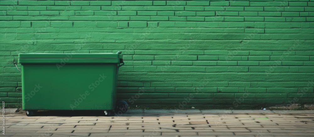 Vibrant Green Trash Can Against Weathered Green Brick Wall on Urban Street Vibrant Green Trash Can Against Weathered Green Brick Wall on Urban Street