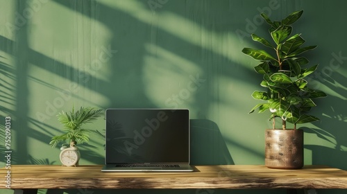 Wallpaper Mural Laptop on wooden desk against vibrant green wall background - minimalist workspace concept Torontodigital.ca