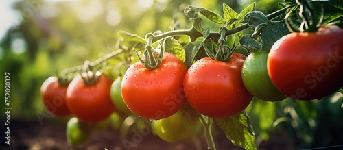 Vibrant Tomatoes Thriving on Lush Vine in Sunlit Garden Oasis