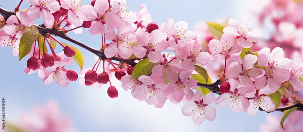 Delicate Pink Blossoms Adorn a Branch of a Crabapple Tree in Full Bloom