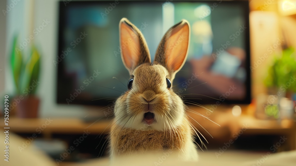 A rabbit with soft fur and whiskers is happily watching television on the couch
