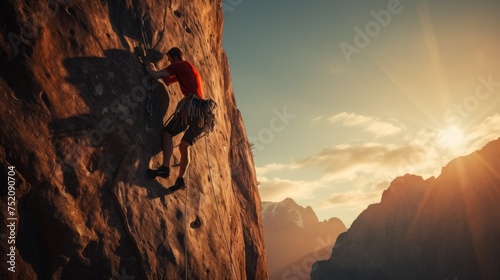 Man climbs a cliff with safety climbing equipment against the background of wonderful sunset. Golden Hour, Extreme outdoor sports, Active lifestyle, bouldering concepts. Horizontal banner, Copy space.