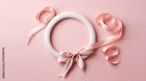 Top view of white circle with a pink ribbon on pink background, Women's Day Mothers Day greetings message, AI generated