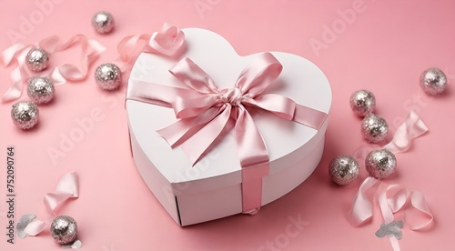 Top view of white heart-shaped gift box with pink ribbon and silver decorated balls, AI-generated