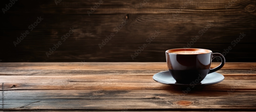 Inviting Black Coffee Cup Resting on Rustic Wooden Surface for a Moment of Serenity Inviting Black Coffee Cup Resting on Rustic Wooden Surface for a Moment of Serenity