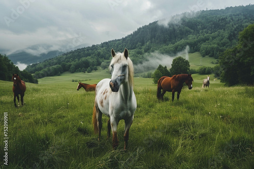 A herd of horses grazes on a green meadow against the backdrop of a forest. White horse in the foreground. Nature, harmony