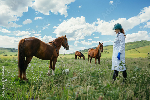 Female veterinarian with horses in nature. The veterinarian examines the animal. Photo for Veterinarian's Day.