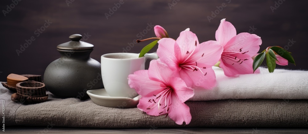 Tranquil Asian Tea Set with Pink Flower and Soft White Towels for a Relaxing Spa Experience Tranquil Asian Tea Set with Pink Flower and Soft White Towels for a Relaxing Spa Experience