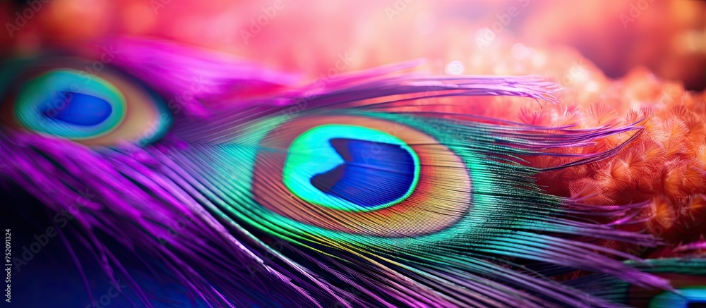 Fototapeta premium Vibrant Close-up of Exotic Peacock Feather Showing Intricate Pattern and Colorful Detail