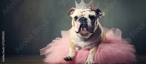 Adorable Bulldog in Elegant Attire: Pink Tutu and Regal Tiara Crown