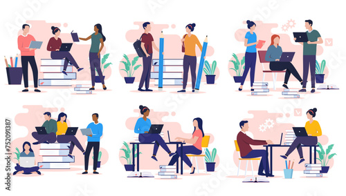 Students vector collection - Set of people taking education, classes and lectures together using computers and books. School and studying concept in flat design vector illustrations