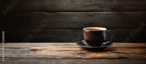 Rustic Charm: A Black Cup of Coffee Serenely Rests on an Aged Wooden Table