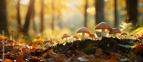 Diverse Variety of Mushrooms Perched on a Moss-Covered Log in the Autumn Forest