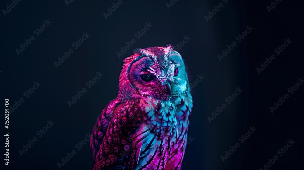 illustration, owl in neon colors on dark background