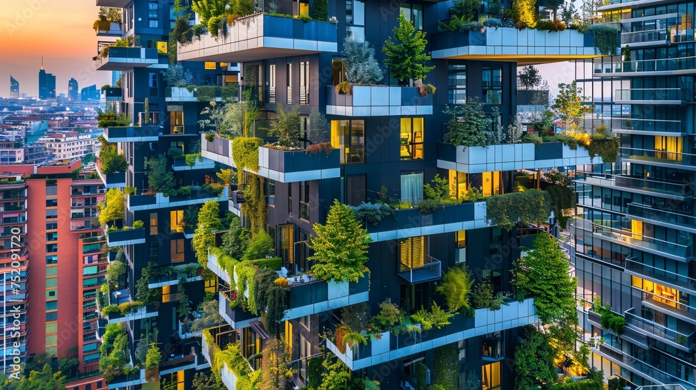 Contemporary and sustainable high-rises adorned with numerous greenery on each terrace.