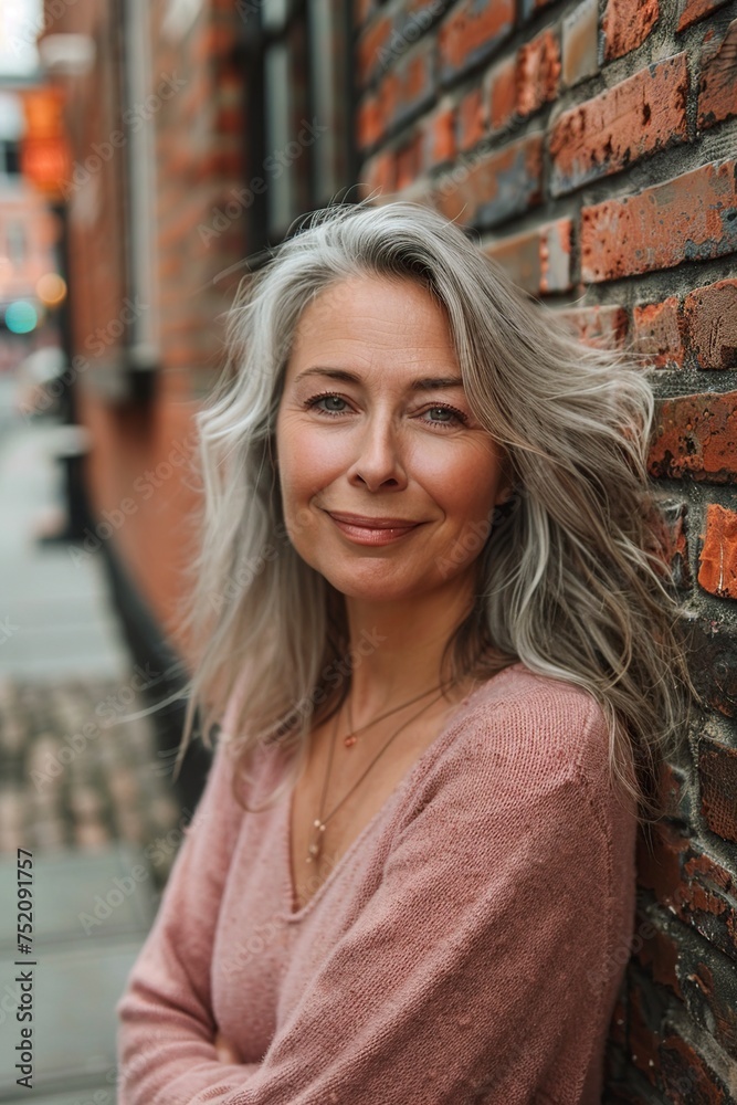 woman Leaning Against Brick Wall