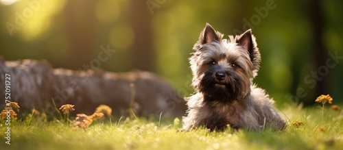 Cheerful Cairn Terrier Relaxing in Lush Greenery of a Summery Park Setting