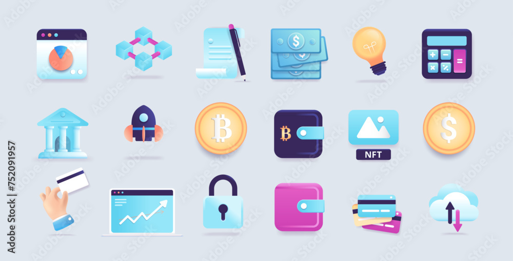 Fintech symbols illustrations collection - Set of semi 3d vector graphics of financial technology themes, like money, banking, blockchain and crypto