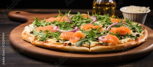 Savor the Flavors: Gourmet Smoked Salmon Pizza Delightfully Garnished with Fresh Greens