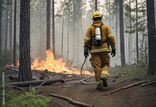 Faceless Firefighter walks through a blazing forest