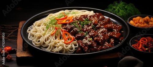 Savory Jajangmyeon Noodles with Meat and Vegetables in Korean Cuisine Delight