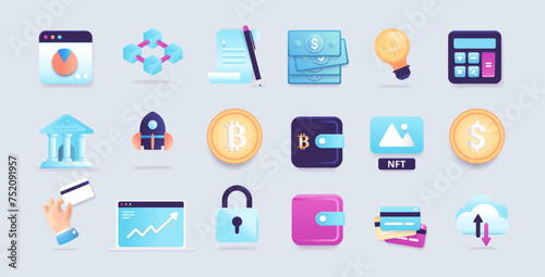 Fintech symbols illustrations collection - Set of semi 3d vector graphics of financial technology themes, like money, banking, blockchain and crypto