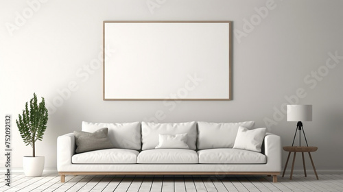 A minimalistic living room with a blank white empty frame, adorned with a simple, monochromatic line drawing that adds a touch of sophistication.