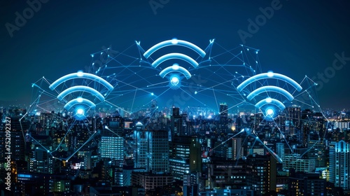Night cityscape illuminated with vibrant wireless network connection lights - urban connectivity and technology concept