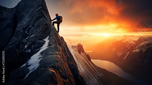 The silhouette of a man climbing a high snowy cliff with safety climbing equipment against the background of a wonderful sunset. Golden Hour, Extreme outdoor sports, Active lifestyle, bouldering.