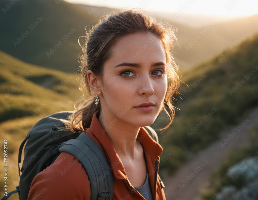 Serene Female Hiker During Golden Hour Mountain Trek Serene Female Hiker During Golden Hour Mountain Trek