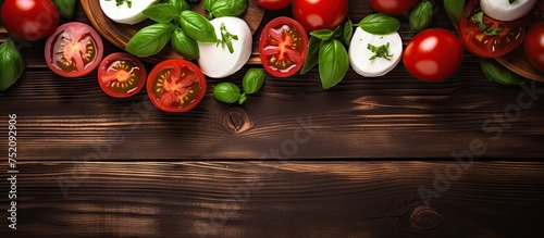 Delicious Italian Caprese Salad Platter with Fresh Tomatoes and Mozzarella on Rustic Wooden Background photo