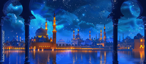 Ramadan Kareem religious background with mosque silhouettes reflected in serene sea,ramadan banner,ramadan holiday islamic