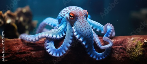 Mystical Blue Octopus with Piercing Red Eye Perched on Rocky Surface