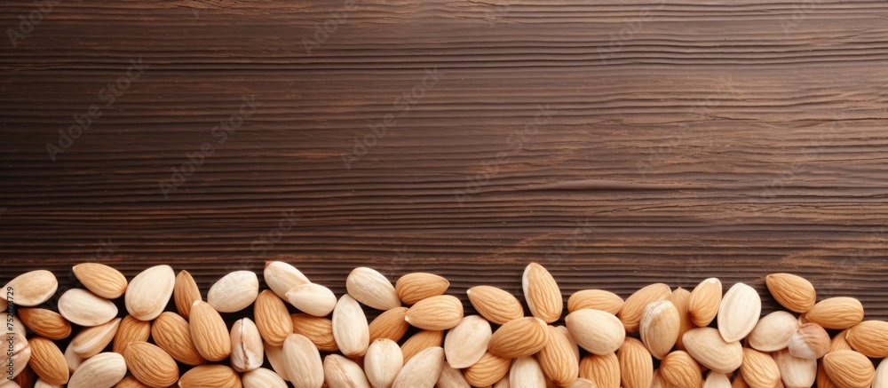 Rustic Almonds Arranged on Natural Wooden Background with Elegant Photo Frame Rustic Almonds Arranged on Natural Wooden Background with Elegant Photo Frame