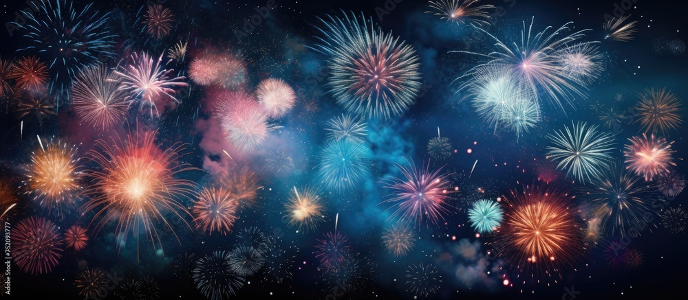 Vibrant Explosions: A Colorful Display of Fireworks Illuminating the Dark Night Sky