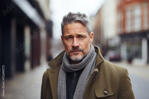 Portrait of a handsome middle-aged man with grey hair wearing a coat and a scarf on the street