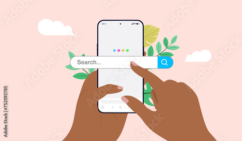Online internet search bar on mobile phone - Hands with dark skin using smartphone search engine on screen, in front view flat design vector illustration