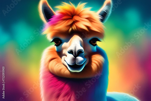 Colorful photograph of an isolated Alpaca with wild, messy, funny hair
