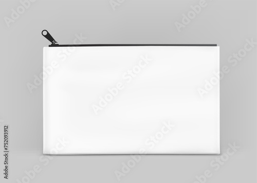 White cosmetic pouch bag with zip lock mockup. Vector illustration isolated on grey background. Great for your design. EPS10.