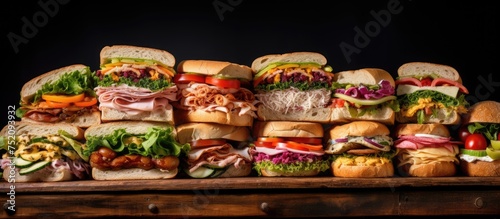Variety of Gourmet Sandwiches Piled Up with Tasty Ingredients for a Mouthwatering Feast