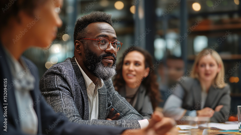 Business professionals in a meeting at a modern office, with focus on a man speaking to colleagues.