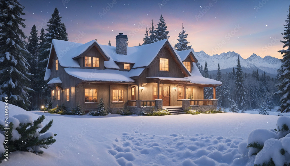 3D illustration scenery of one house with snow on the ground