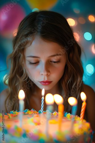 Young girl blows out candles on her birthday cake.