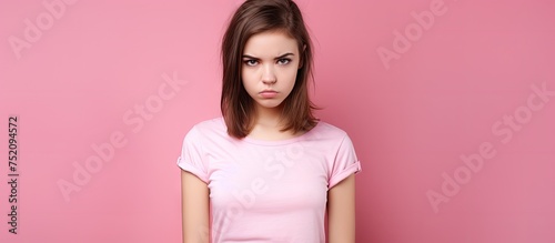 Frustrated Young Woman with Pink Shirt Wrapped Around Her Head Expressing Anger and Displeasure