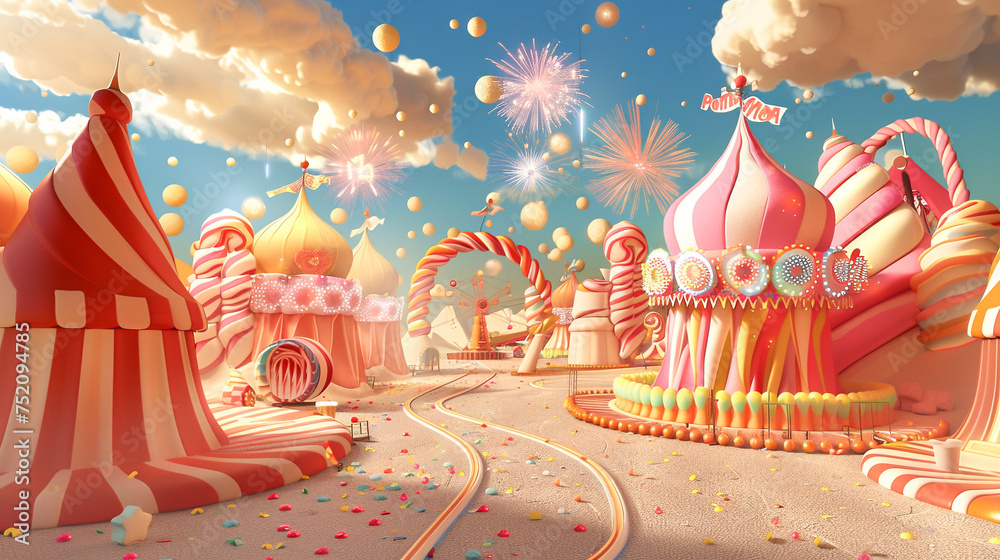 A 3D cartoon fantasy background of a candy carnival with rides made of sweets  tents of marzipan  and a sky lit by fireworks of sprinkles