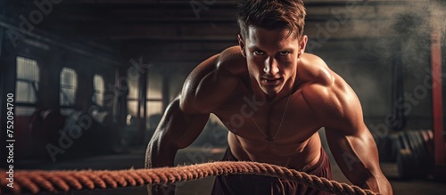 Focused Man Intensely Training with Battle Ropes in a Gritty Gym